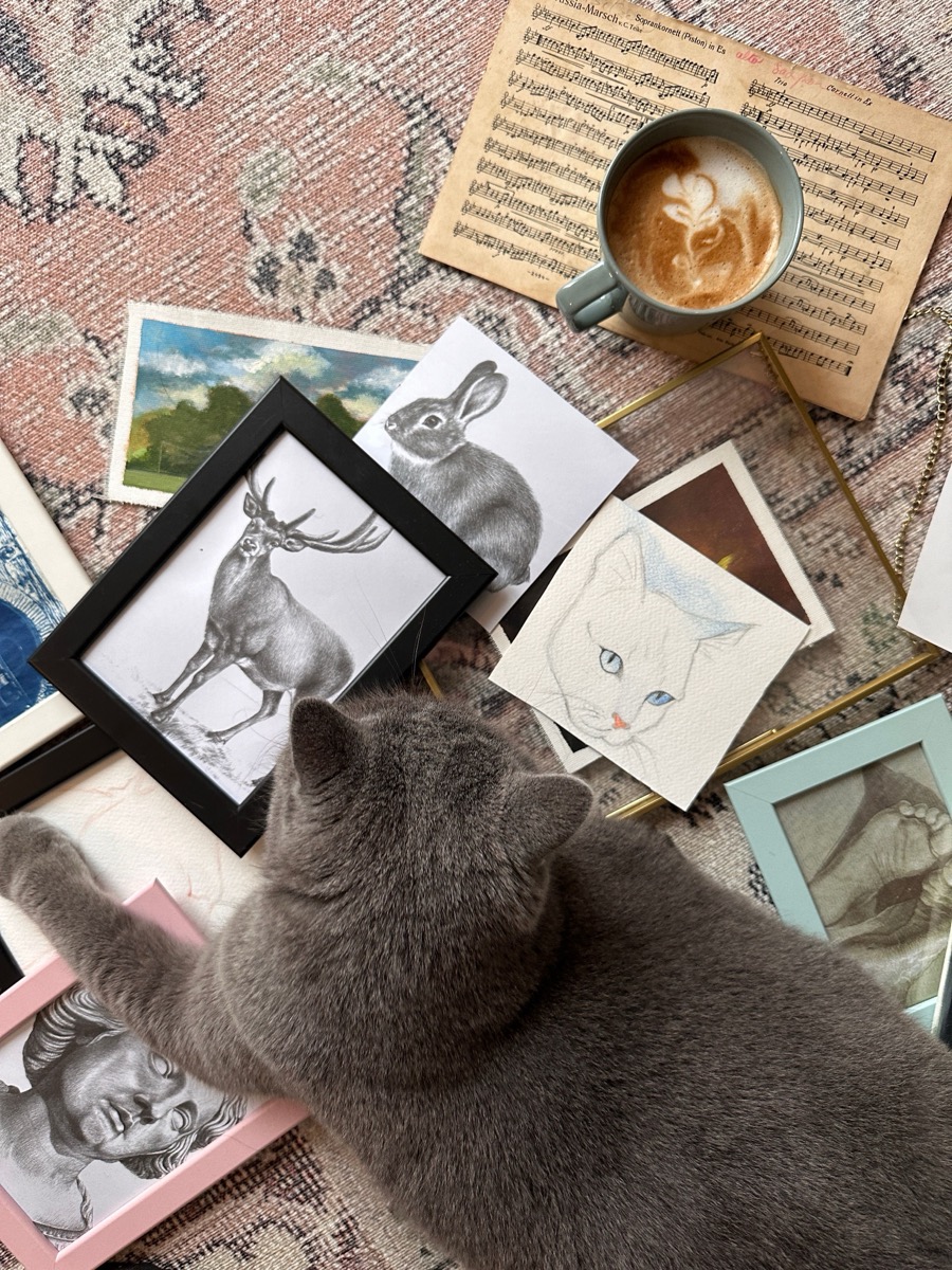コーヒーとアートに囲まれた、猫の寛ぐ落ち着いた店内